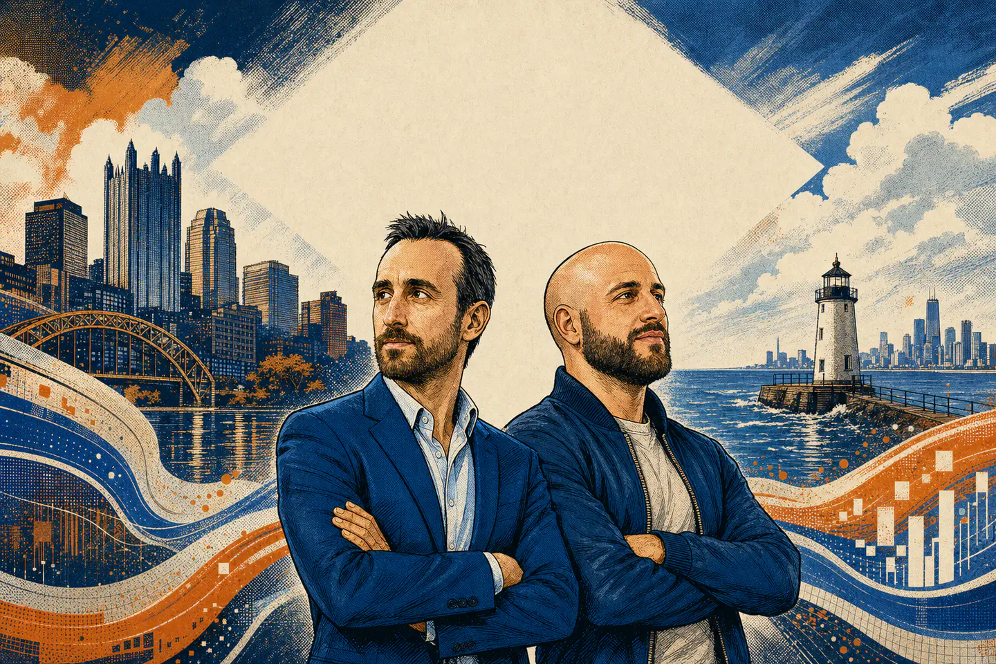 Illustrated founders Luke and Aaron standing between a Pittsburgh skyline and a Great Lakes horizon.